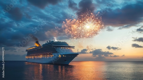 Celebratory cruise at dusk with fireworks display over a calm ocean