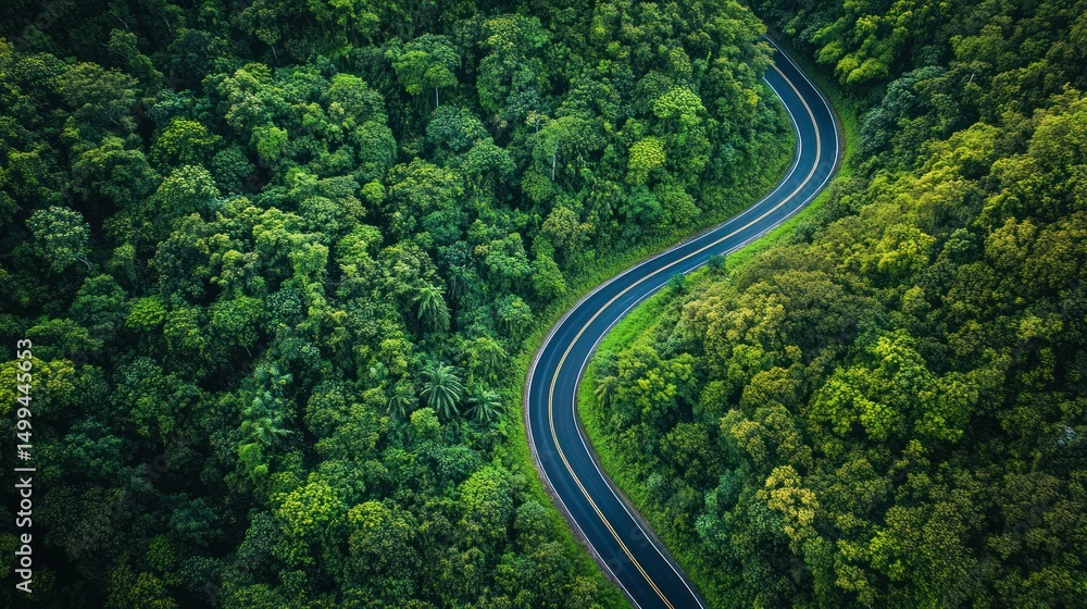 Winding Road Cutting Through Lush Green Forest Landscape Aerial View Winding Road Cutting Through Lush Green Forest Landscape Aerial View