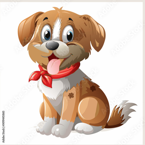A cheerful, brown cartoon puppy, a cute canine character, happily drawing a bone with its tail