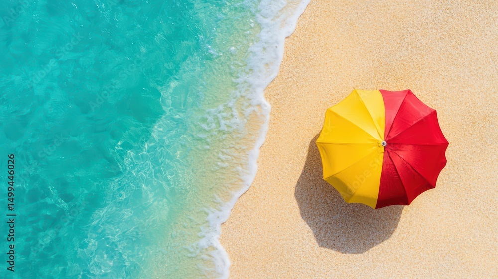 Naklejka premium Bright beach umbrella over sandy shore with turquoise water creating a relaxing summer atmosphere