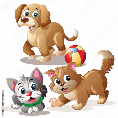 Cute, happy cartoon dog and cat pets illustration
