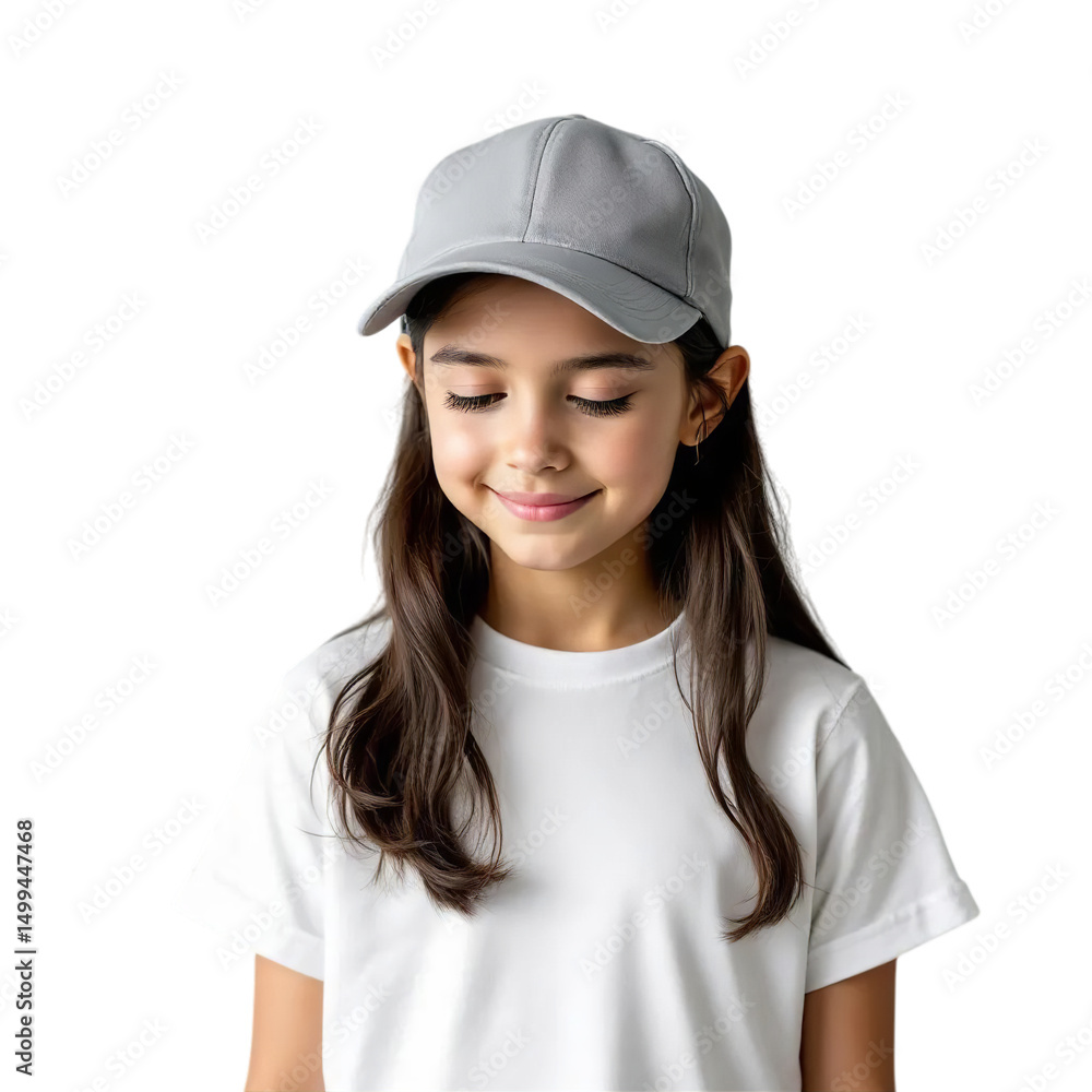 Studio shot of a beautiful young woman with a pleasant expression, wearing a stylish navy blue newsboy cap and a white v-neck t-shirt. Studio shot of a beautiful young woman with a pleasant expression, wearing a stylish navy blue newsboy cap and a white v-neck t-shirt.