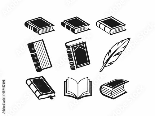 A set of black and white, stylized icons depicting various books and a quill feather.