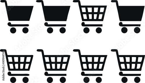 A set of nine simple, black and white shopping cart icons, suitable for web design, apps, or marketing materials.