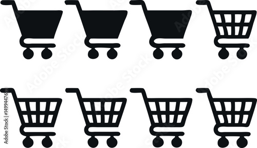 A set of nine simple, black and white shopping cart icons, suitable for web design, apps, or marketing materials.