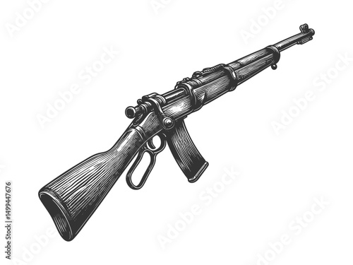 military-style assault rifle sketch engraving generative ai fictional character vector illustration. Scratch board imitation. Black and white image.