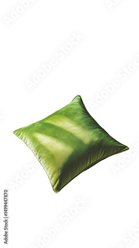 Soft, light green cushion, subtly textured fabric, square shape, isolated on black background
