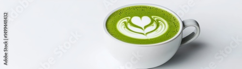 Delicious matcha latte with artistic foam heart design in white ceramic cup on clean white surface