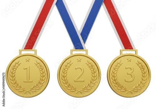 Three medals isolated on white background with ribbons