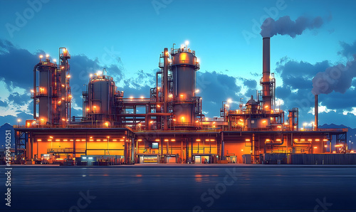 Illuminated factory at dusk with chimneys emitting smoke against a cloudy, blue sky and reflective wet ground