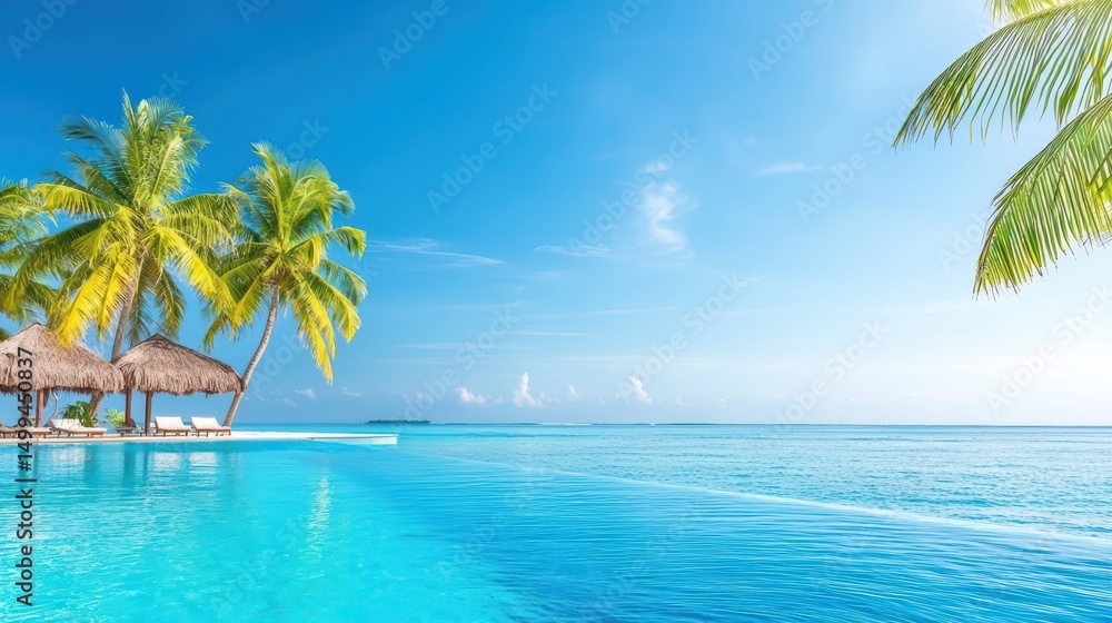 Serene tropical paradise with clear sky and inviting infinity pool surrounded by palm trees and calm ocean Serene tropical paradise with clear sky and inviting infinity pool surrounded by palm trees and calm ocean