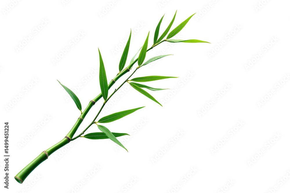 Fototapeta premium Fresh green bamboo stem showcases vibrant leaves against a pristine white backdrop perfectly