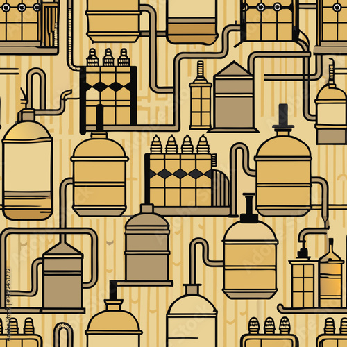 Seamless vector pattern depicting brewery equipment and containers  