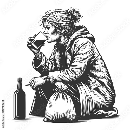 distressed woman sitting on the ground, holding a drink and cigarette, with a bottle and bag nearby sketch engraving generative ai vector illustration. Scratch board imitation. Black and white image.