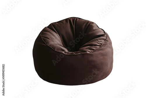 A plush, dark-brown beanbag chair, softly curved, sits against a black background.  Relaxing, comfortable seating