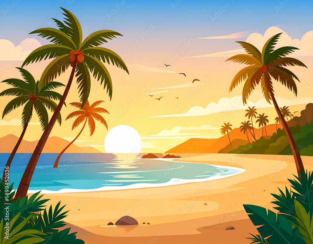 Serene Tropical Sunset Beach Scene Palm Trees, Ocean, and Golden Hour Serene Tropical Sunset Beach Scene Palm Trees, Ocean, and Golden Hour