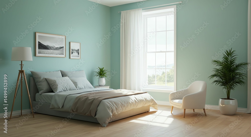 Fototapeta premium Bedroom Interior with Bed Armchair and Window