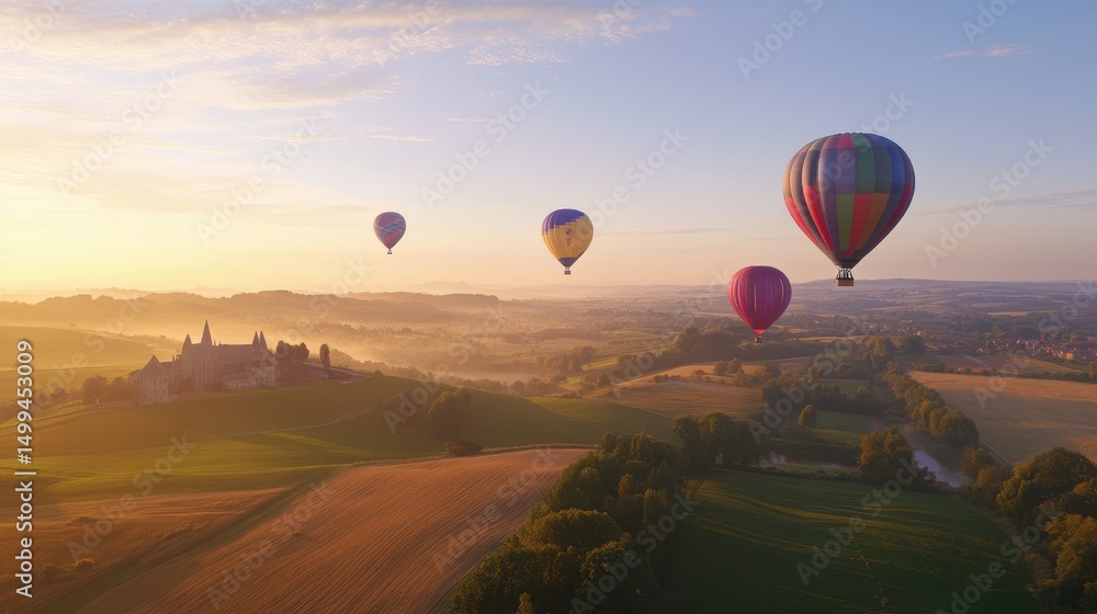 Obraz premium A vibrant and joyful scene of colorful hot air balloons floating over green countryside fields during golden hour, clear skies
