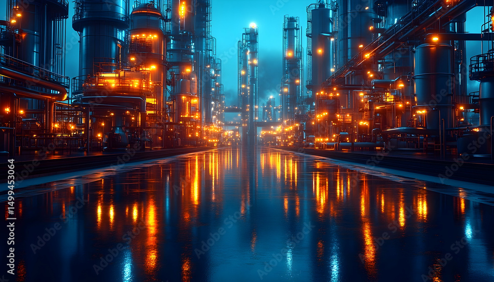 Industrial complex glows orange in dim lighting, reflected in a dark, wet surface. Night ambiance, geometric shapes Industrial complex glows orange in dim lighting, reflected in a dark, wet surface. Night ambiance, geometric shapes