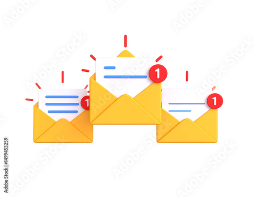 Three 3D rendered email icons with unread notification alerts