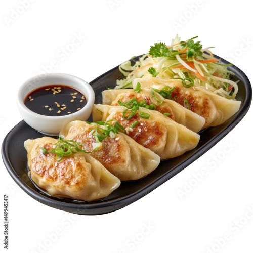 Steamed Gyoza Dumplings with Pork Cabbage Filling Served with Soy Dip and Fresh Vegetables on a Black Plate