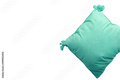 A light teal, square cushion with tassels sits against a black background.  Soft, plush texture implied