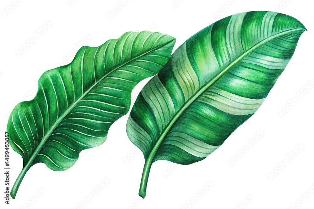 Obraz premium Two detailed green tropical leaves show vibrant textures and unique shapes on white