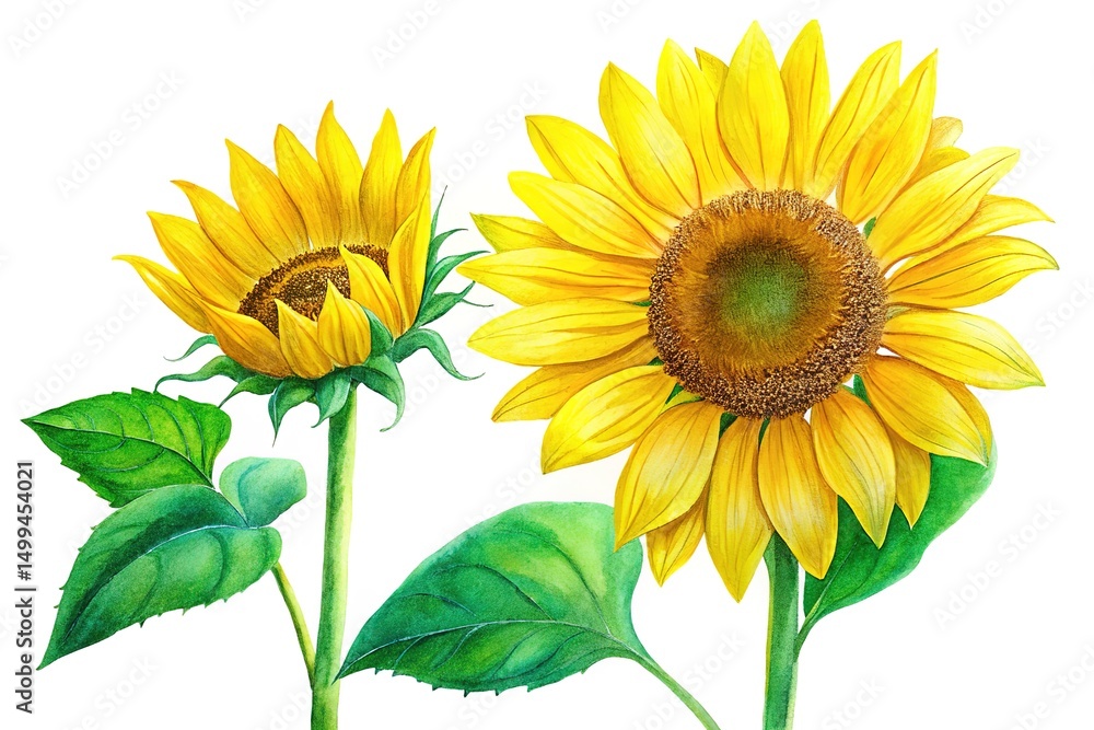 Obraz premium Two vibrant watercolor sunflowers elegantly stand side by side on a clean white background