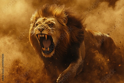 Lion roaring in dust