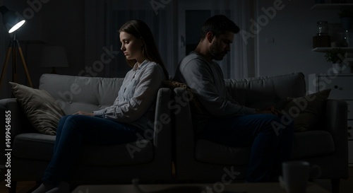 Estranged couple backtoback in dimly lit room