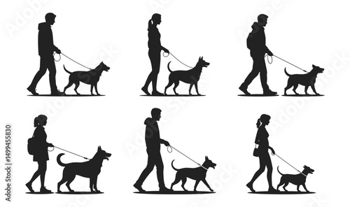 Silhouette people walking dogs in outdoor setting, including men and women with leashed pets, vector illustration set. Set shows six unique poses with various dog sizes and walking motions.