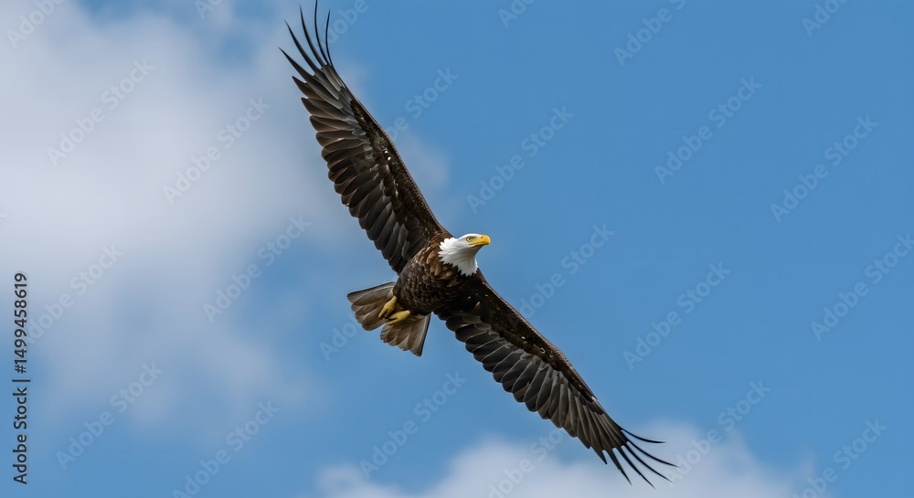 Naklejka premium Majestic bald eagle soaring in the sky with wings fully spread against a blue sky