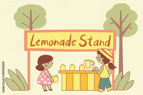 Cute Cartoon Lemonade Stand Illustration on Green Grass Background