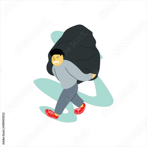 ILLUSTRATION OF A PERSON CARRYING A LARGE LOAD IN THE FORM OF A STONE, FLAT ILLUSTRATION, VECTOREPS 10