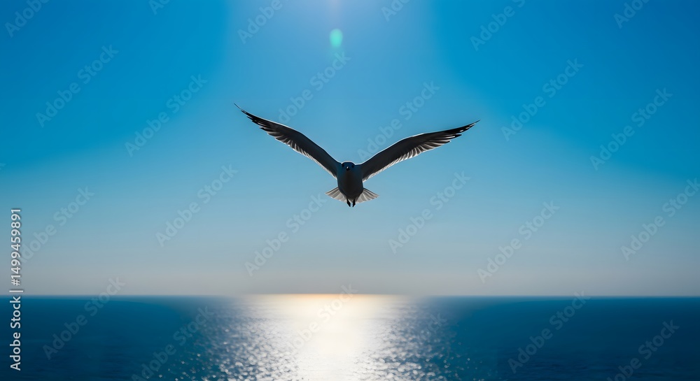 Fototapeta premium Seagull flying over the ocean with wings spread wide at sunrise under a clear blue sky
