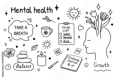 Hand-drawn doodle-style vector illustration about mental health and self-care. Includes icons like journal, candle, to-do list, peaceful face. Perfect for wellness blogs, apps, prints.