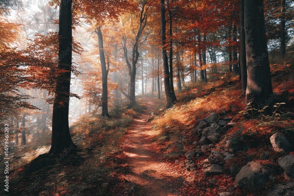 Obraz premium A winding forest trail covered in rust-colored leaves, sunlit haze between trunks, leaves dancing on a light breeze