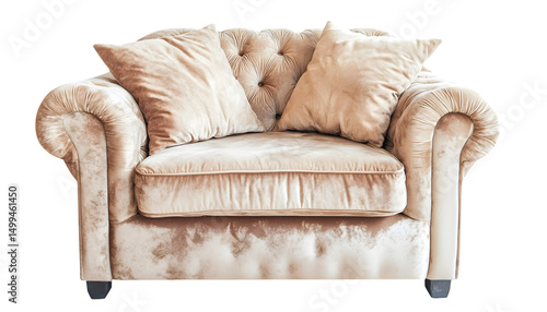 A beige velvet loveseat with rolled arms and two plush cushions, isolated on a black background.  It's a comfortable-looking piece of furniture