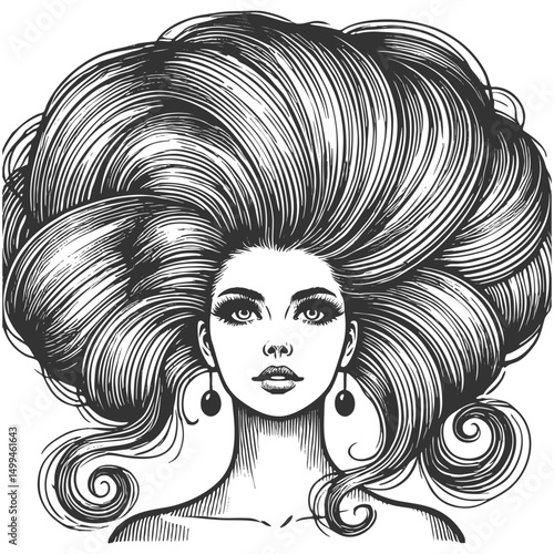 woman with an enormous, intricately curled hairstyle, blending surrealism, elegance, and vintage artistic style sketch engraving generative ai vector illustration. Scratch board. Black and white image