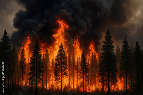 Massive wildfire burning through dense forest with towering flames and thick black smoke under dark smoky sky