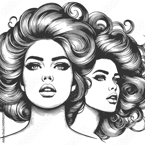woman with an enormous, intricately curled hairstyle, blending surrealism, elegance, and vintage artistic style sketch engraving generative ai vector illustration. Scratch board. Black and white image