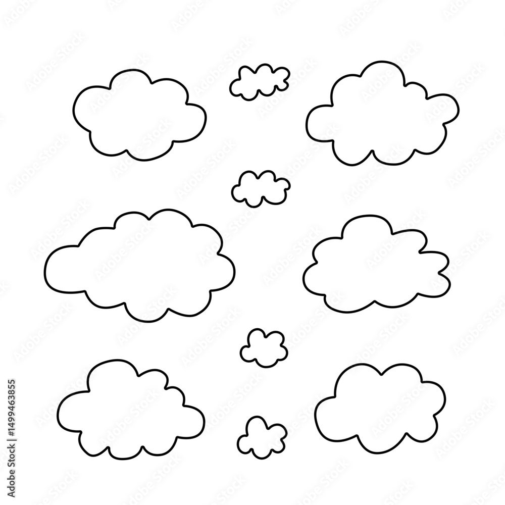 Outline vector of cartoon clouds vector illustration.. Whimsical cloud shapes in various sizes on a white background. Outline vector of cartoon clouds vector illustration.. Whimsical cloud shapes in various sizes on a white background.