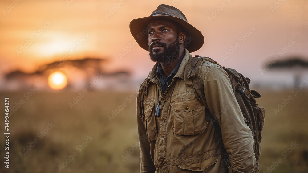 Fototapeta premium Adventurous man exploring savannah landscape during sunset 