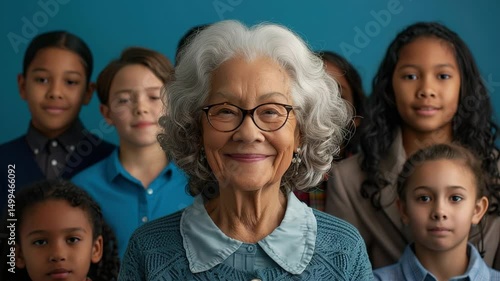 Elderly lady with glasses, surrounded by diverse grandchildren.