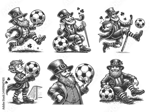 leprechauns with football soccer balls, Irish folklore with sports Set collection bundle sketch engraving generative ai vector illustration. Scratch board imitation. Black and white image.