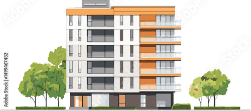 Modern residential building with glass windows and balconies in the city, a striking example of urban architecture and housing