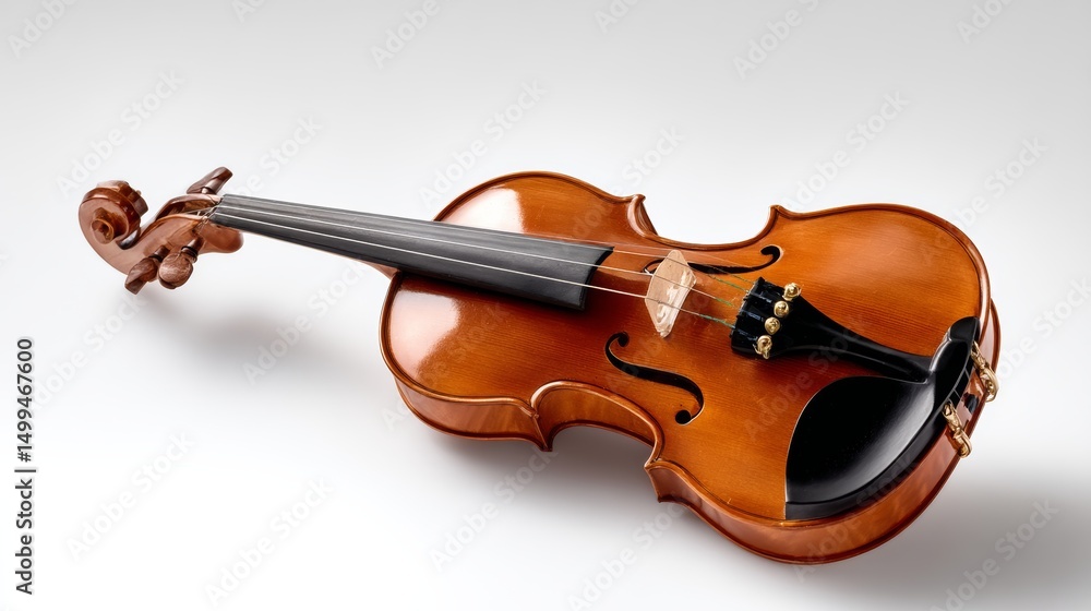 Fototapeta premium Beautiful brown violin with a black bridge and a gold key. The instrument is sitting on a white background