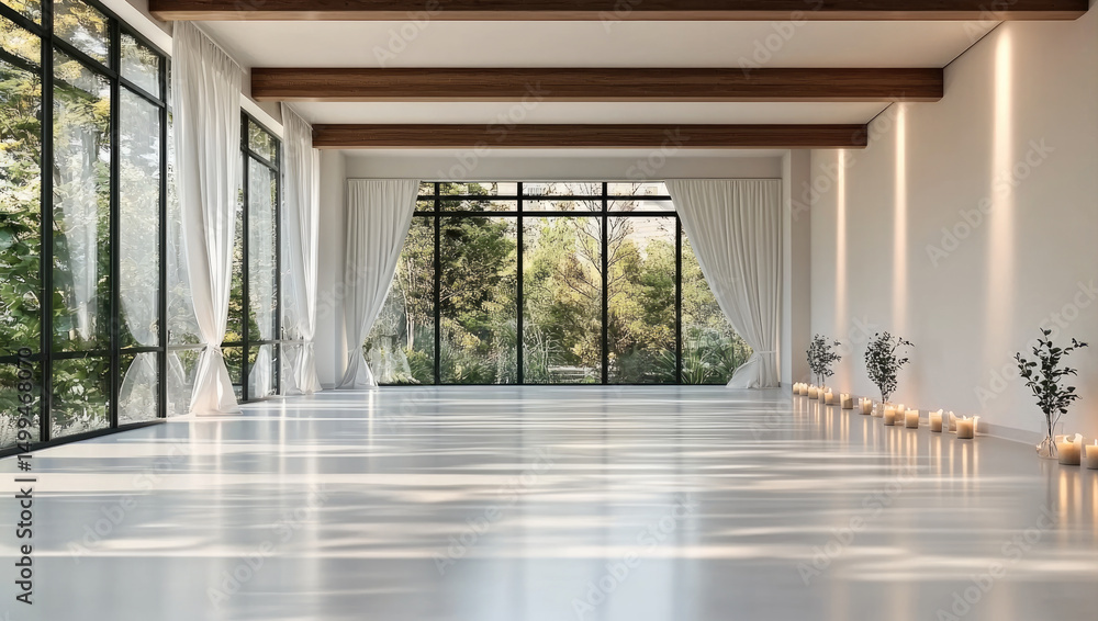 Fototapeta premium Spacious yoga studio with large windows, white curtains, wooden beams, candles, and plants, peaceful atmosphere