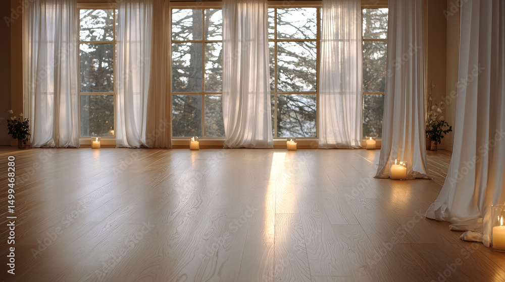 Fototapeta premium Spacious yoga studio with wooden floor, large windows, sheer curtains, and glowing candles creates peaceful mood