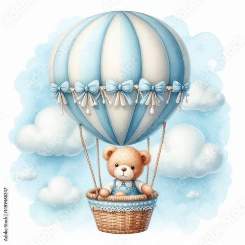 Watercolor teddy bear in blue hot air balloon in fluffy clouds, Boy baby shower illustration